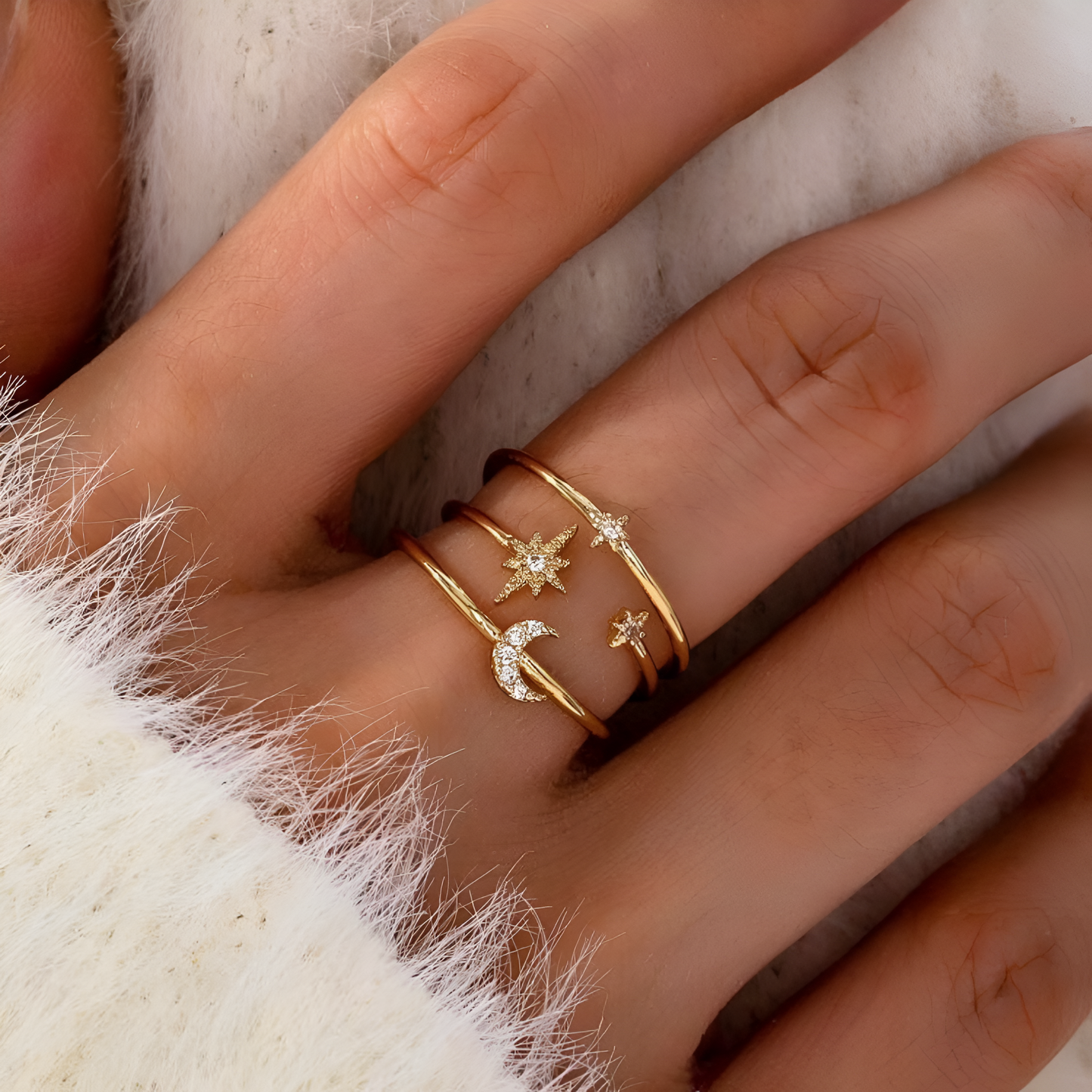 Zirconia Star & Moon Ring
